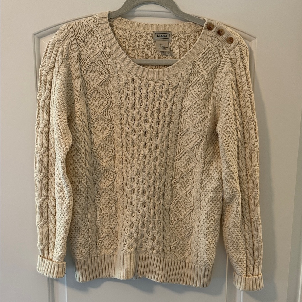 L.L. Bean Women's Cream Cable-Knit Scoop Neck Sweater with Shoulder Buttons